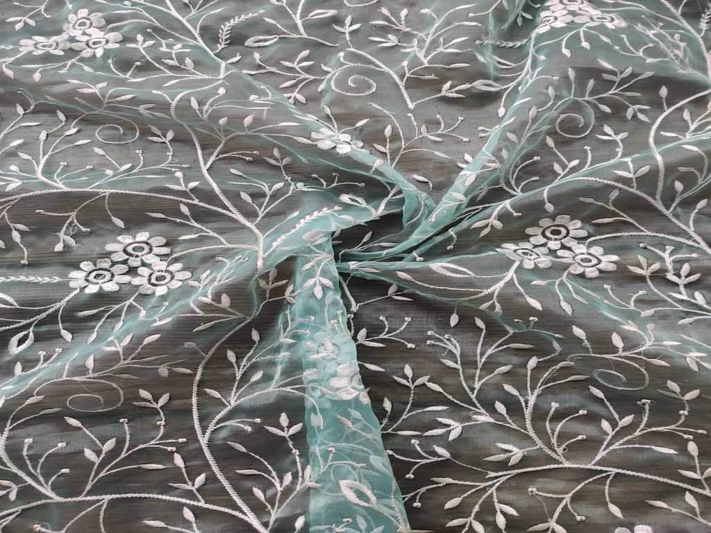 Sea Green Floral Embroidered Organza Fabric