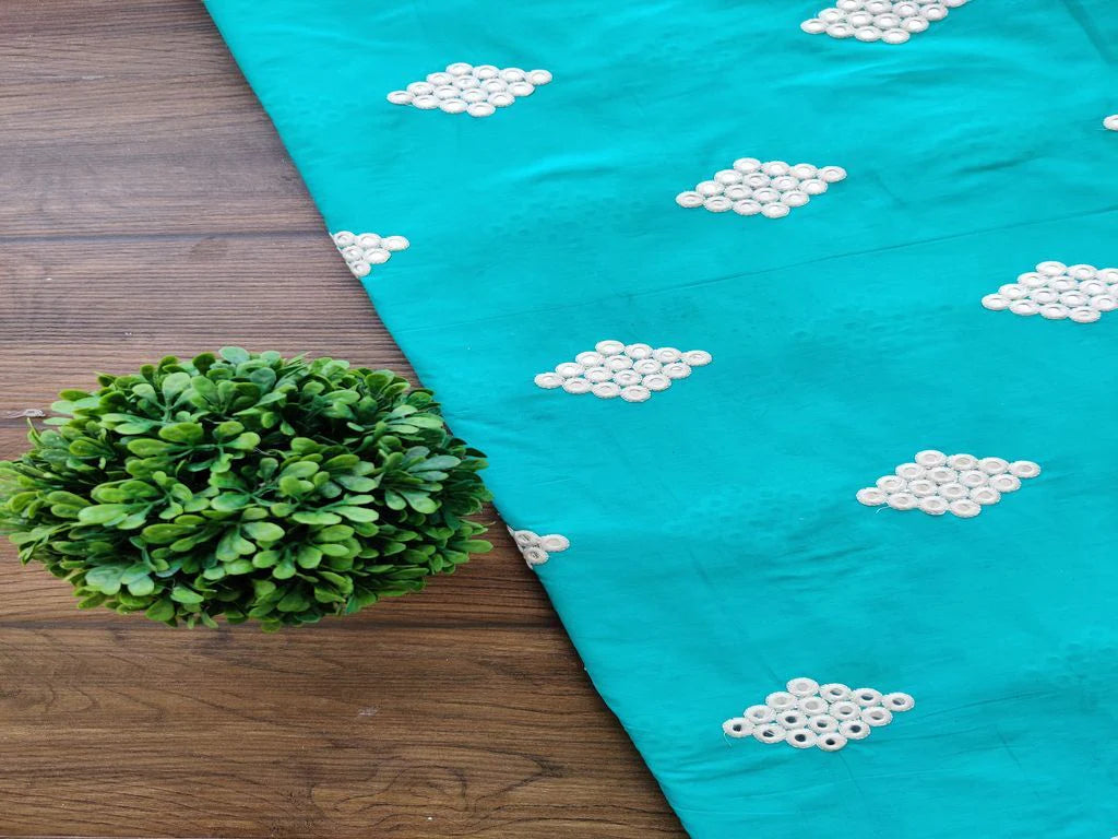 Teal Blue White Geometric Mirror Work Cotton Fabric