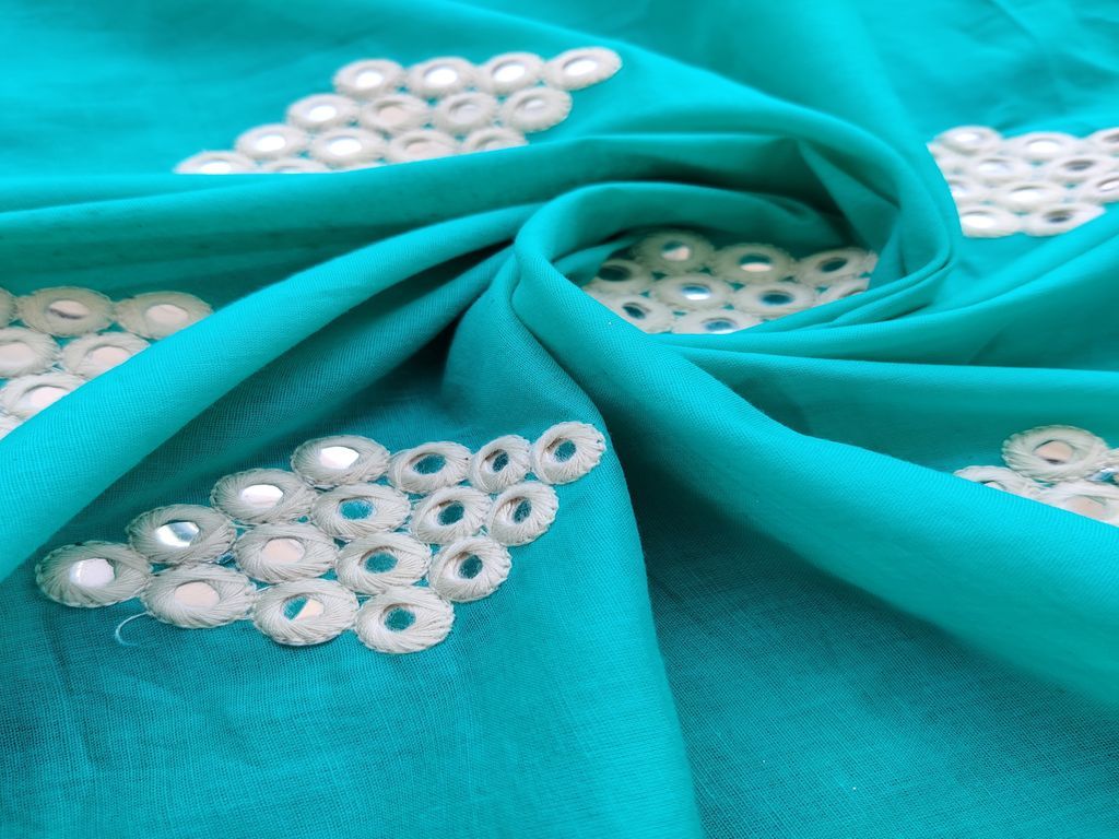 Teal Blue White Geometric Mirror Work Cotton Fabric