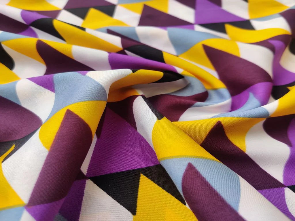 Purple Multicolour Geometric Printed Poly Crepe Fabric