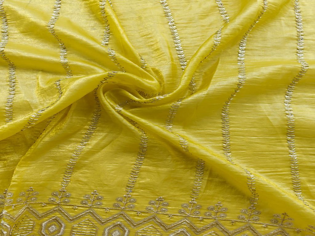 Beads & Sequins Embroidered Lemon Yellow Tissue Fabric