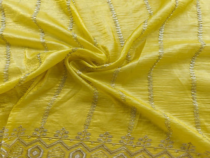 Beads & Sequins Embroidered Lemon Yellow Tissue Fabric