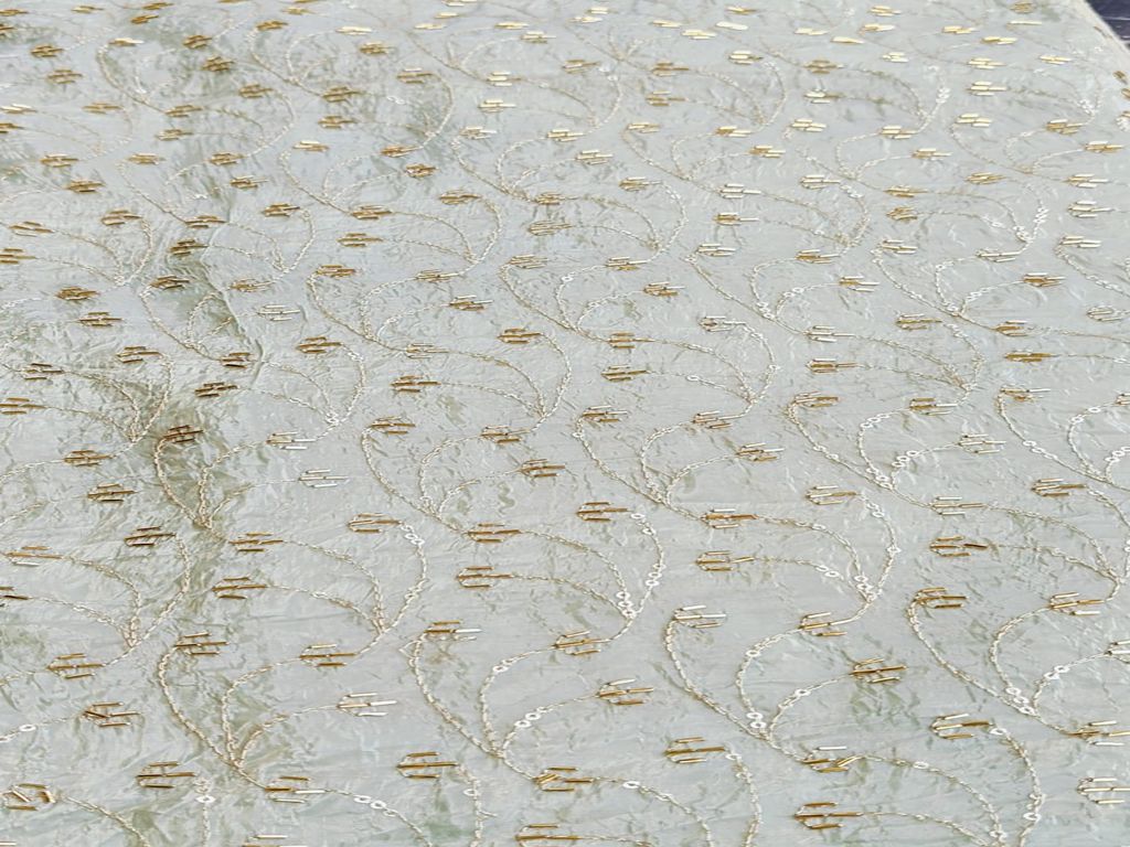 Beads & Sequins Embroidered Sage Green Crushed Tissue Fabric