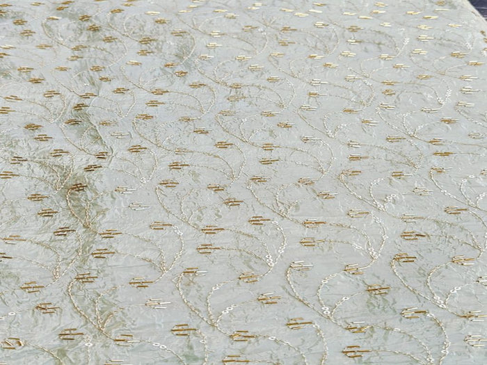 Beads & Sequins Embroidered Sage Green Crushed Tissue Fabric