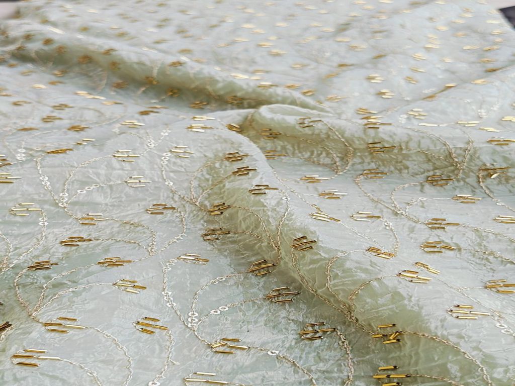 Beads & Sequins Embroidered Sage Green Crushed Tissue Fabric
