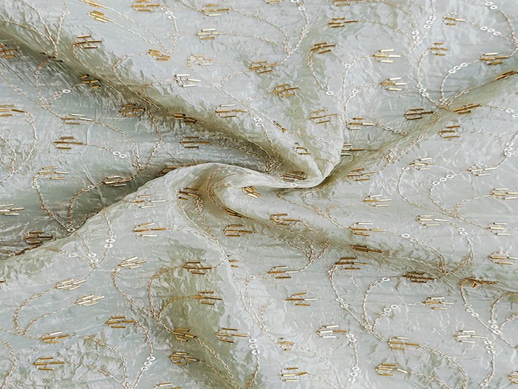 Beads & Sequins Embroidered Sage Green Crushed Tissue Fabric