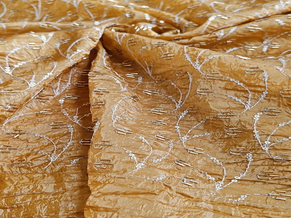 Beads & Sequins Embroidered Dark Mustard Yellow Crushed Tissue Fabric