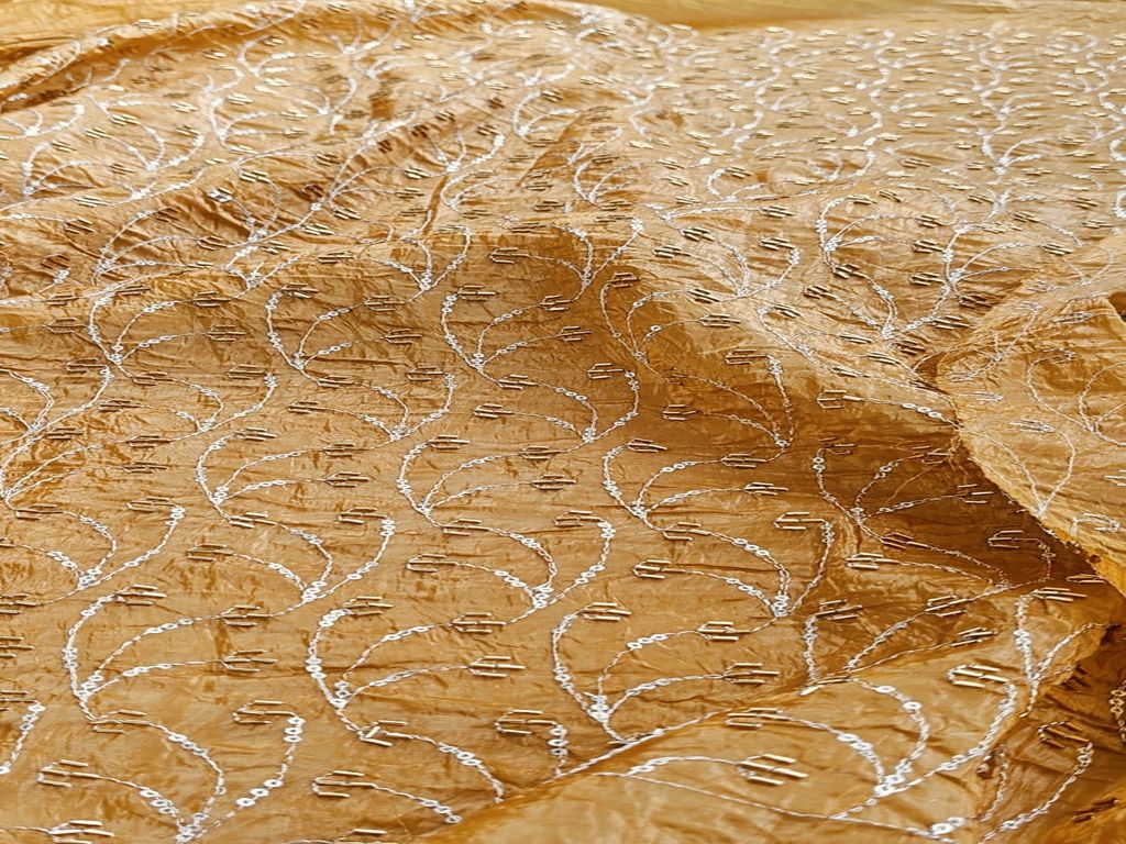 Beads & Sequins Embroidered Dark Mustard Yellow Crushed Tissue Fabric