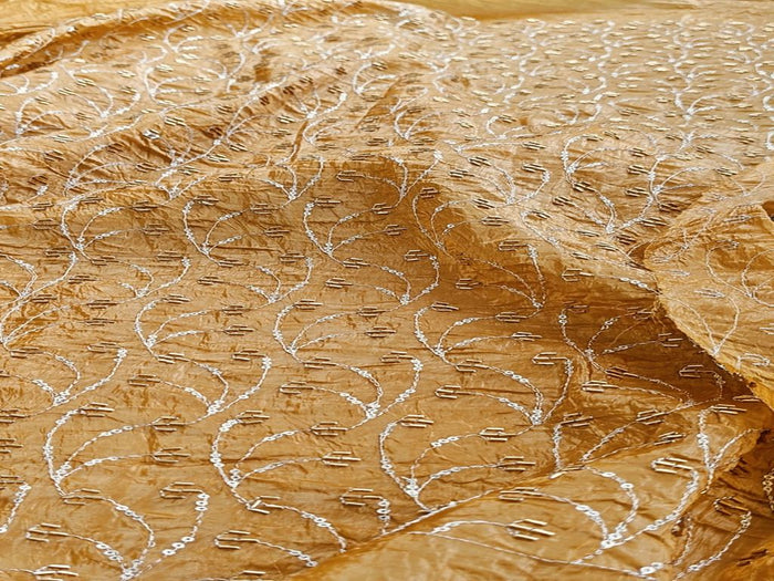 Beads & Sequins Embroidered Dark Mustard Yellow Crushed Tissue Fabric