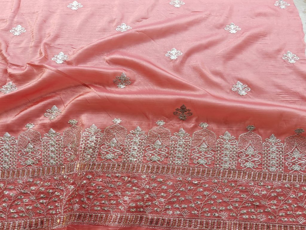 Zardozi & Sequins Embroidered Light Gajri Tissue Fabric