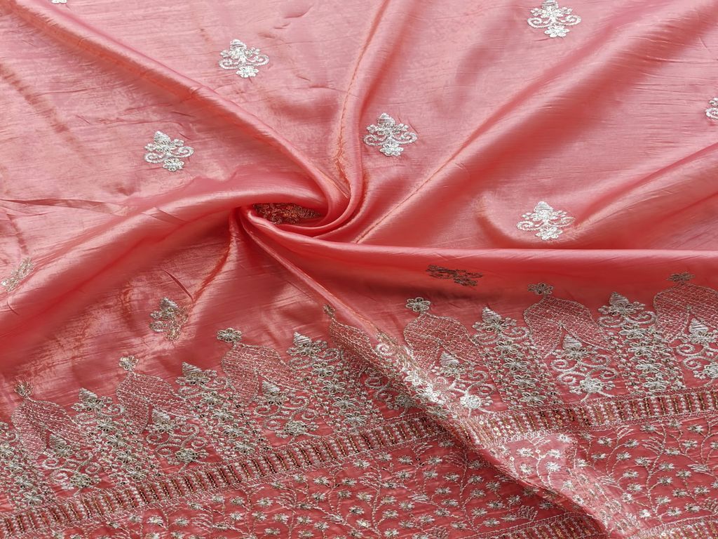 Zardozi & Sequins Embroidered Light Gajri Tissue Fabric