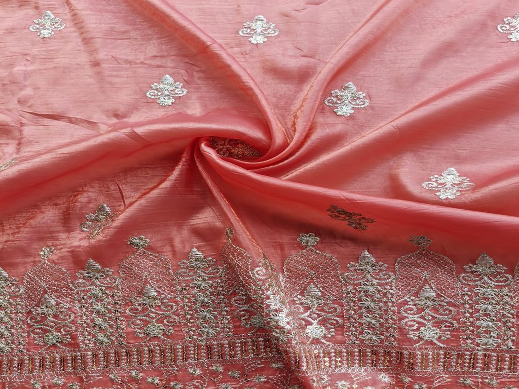 Zardozi & Sequins Embroidered Light Gajri Tissue Fabric