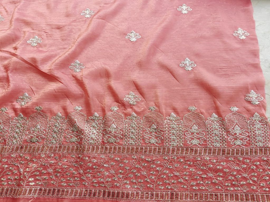 Zardozi & Sequins Embroidered Light Gajri Tissue Fabric