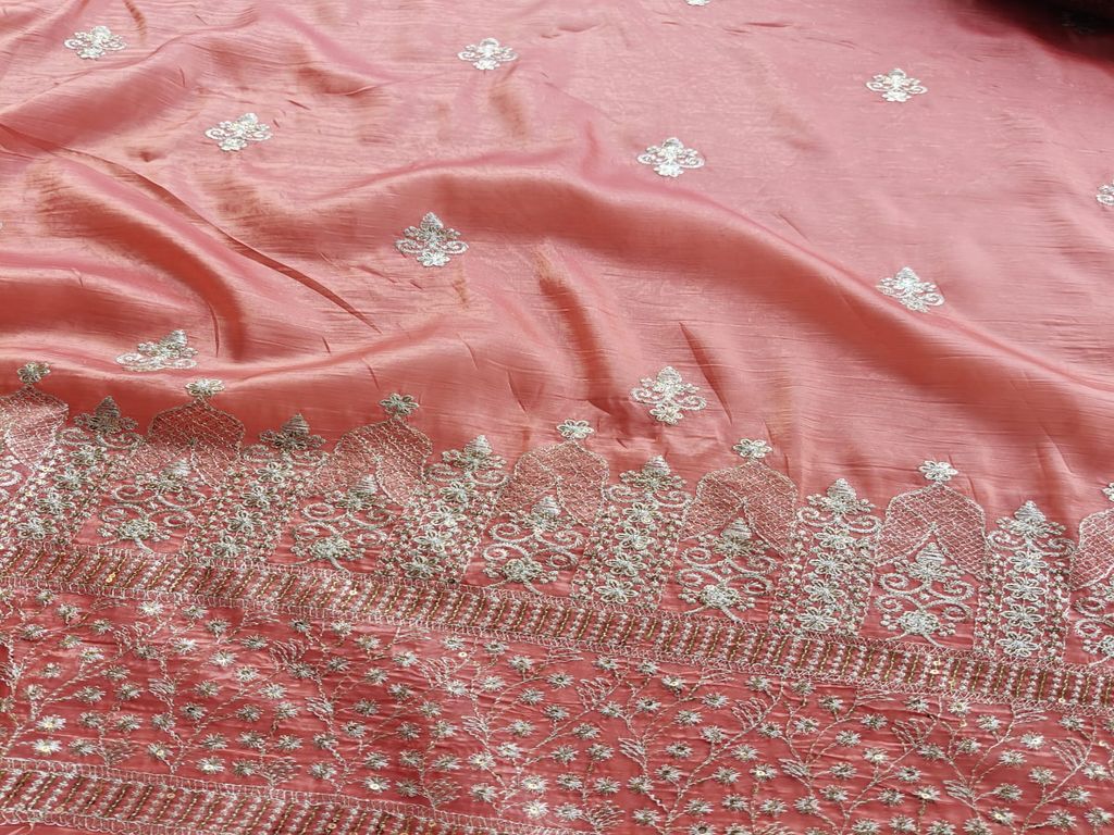 Zardozi & Sequins Embroidered Light Gajri Tissue Fabric