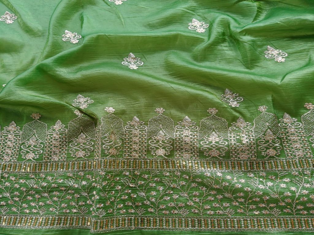 Zardozi & Sequins Embroidered Bight Green Tissue Fabric