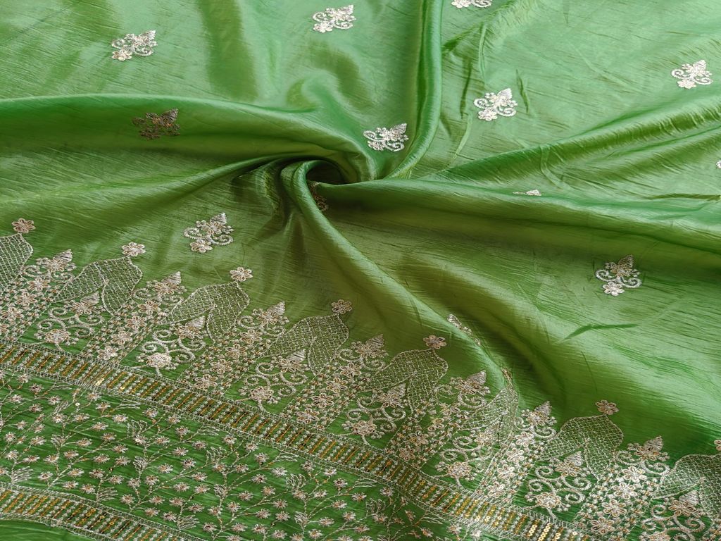 Zardozi & Sequins Embroidered Bight Green Tissue Fabric