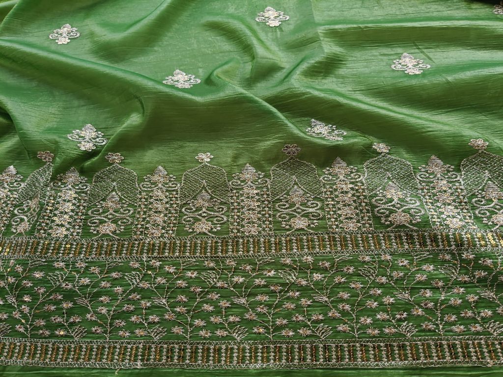 Zardozi & Sequins Embroidered Bight Green Tissue Fabric
