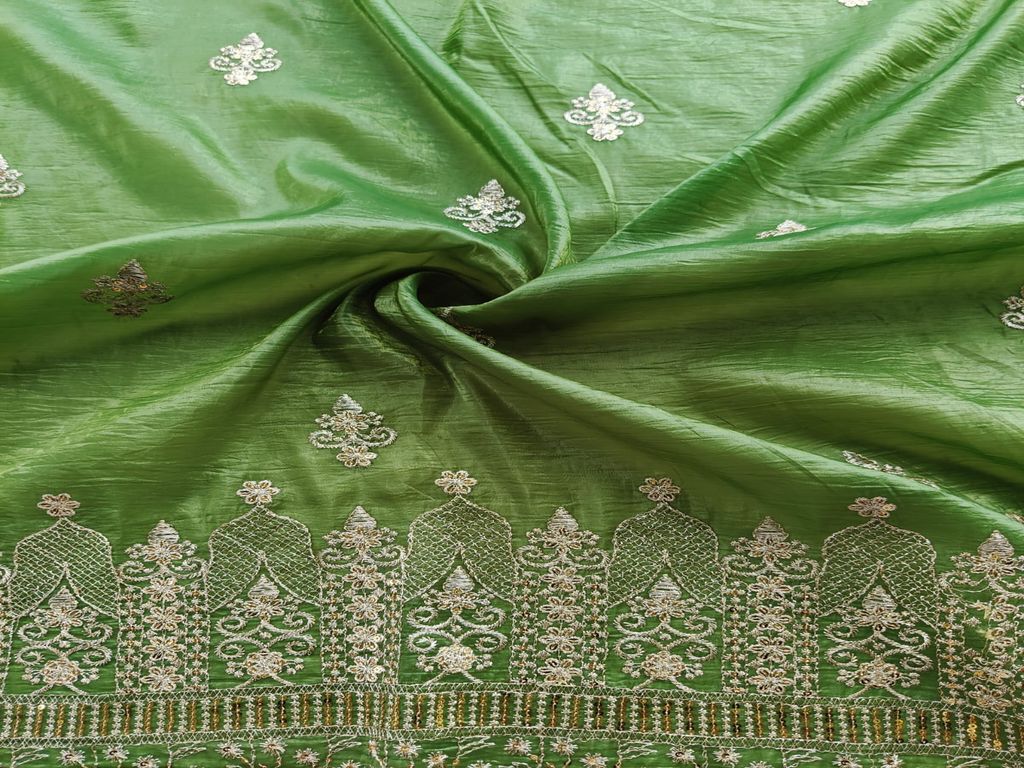 Zardozi & Sequins Embroidered Bight Green Tissue Fabric
