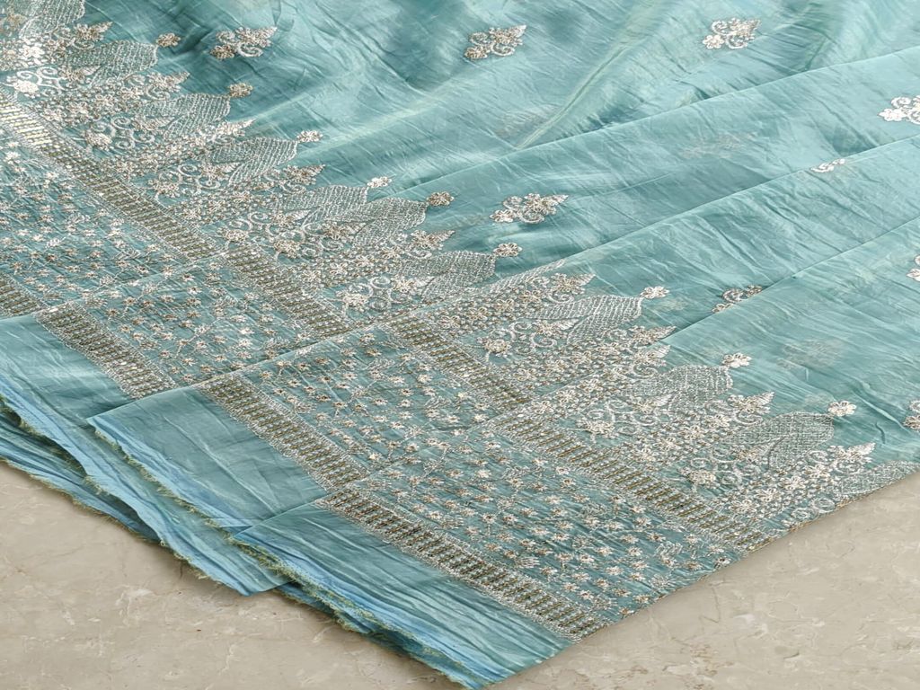 Zardozi & Sequins Embroidered Coral Blue Tissue Fabric