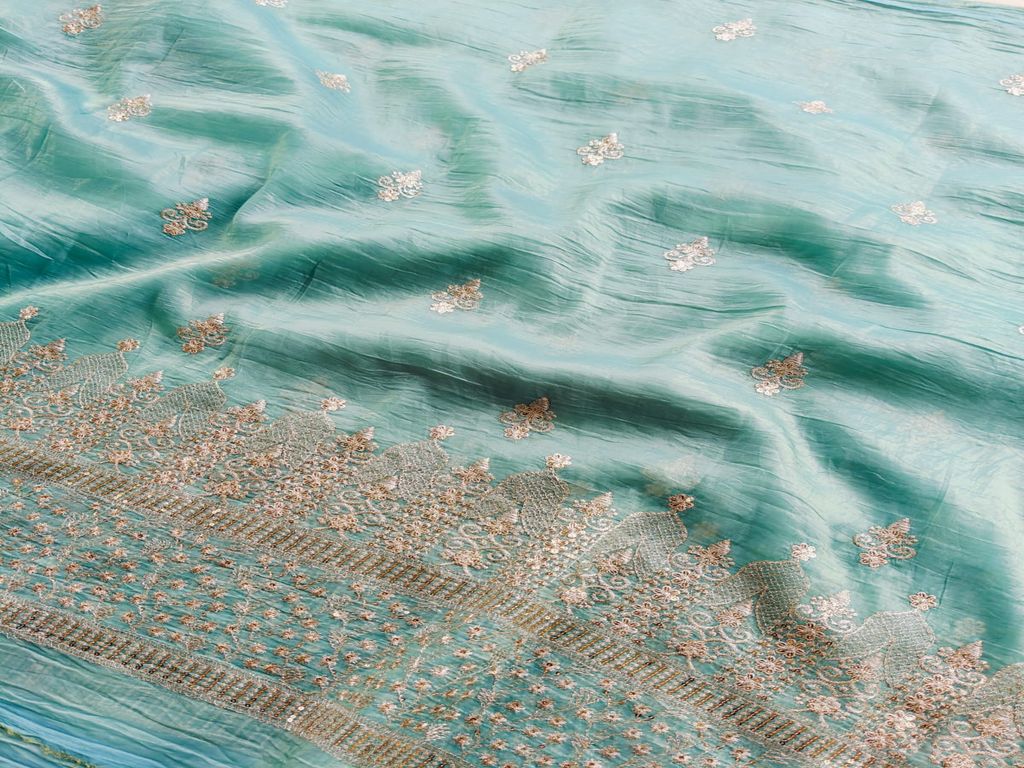 Zardozi & Sequins Embroidered Coral Blue Tissue Fabric