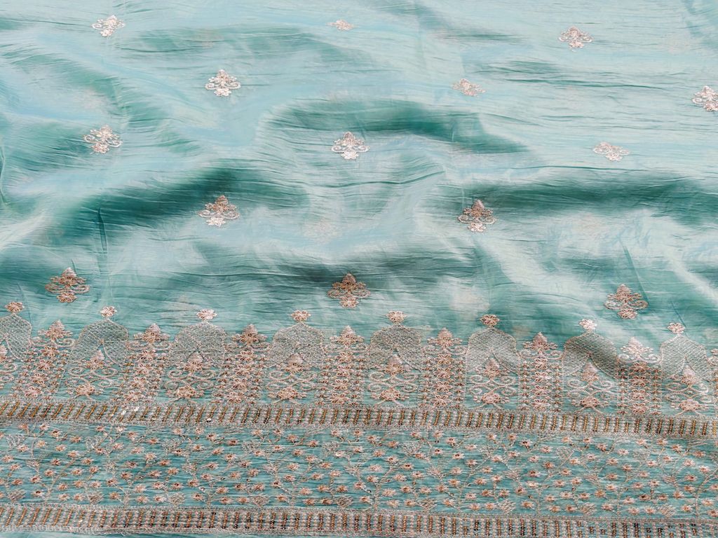 Zardozi & Sequins Embroidered Coral Blue Tissue Fabric