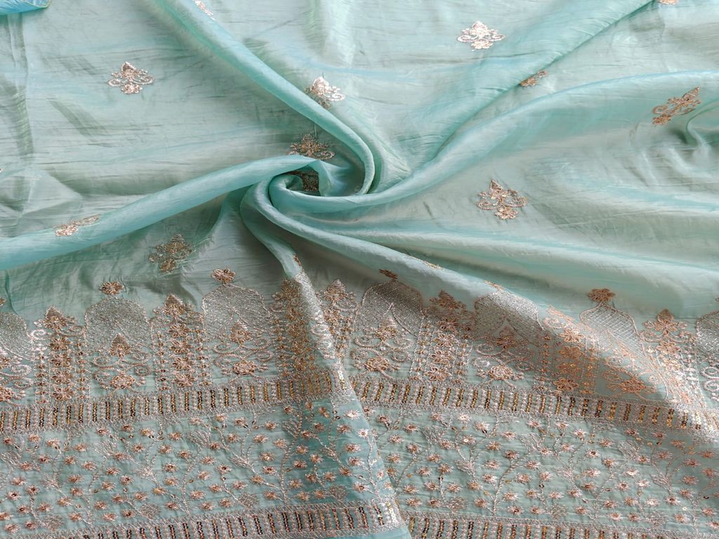 Zardozi & Sequins Embroidered Coral Blue Tissue Fabric