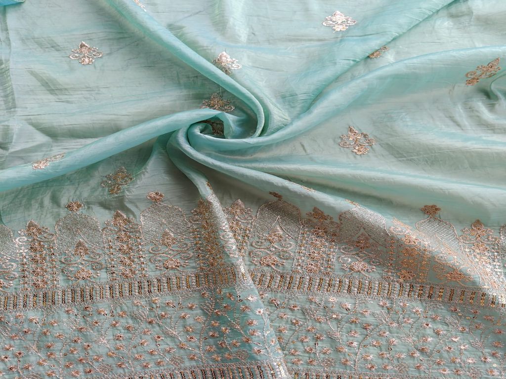 Zardozi & Sequins Embroidered Coral Blue Tissue Fabric
