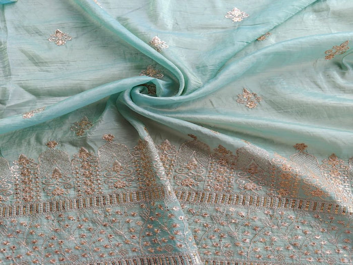 Zardozi & Sequins Embroidered Coral Blue Tissue Fabric