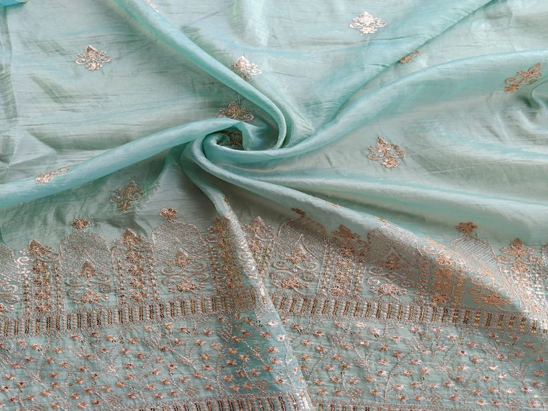 Zardozi & Sequins Embroidered Coral Blue Tissue Fabric