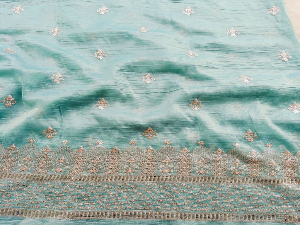 Zardozi & Sequins Embroidered Coral Blue Tissue Fabric