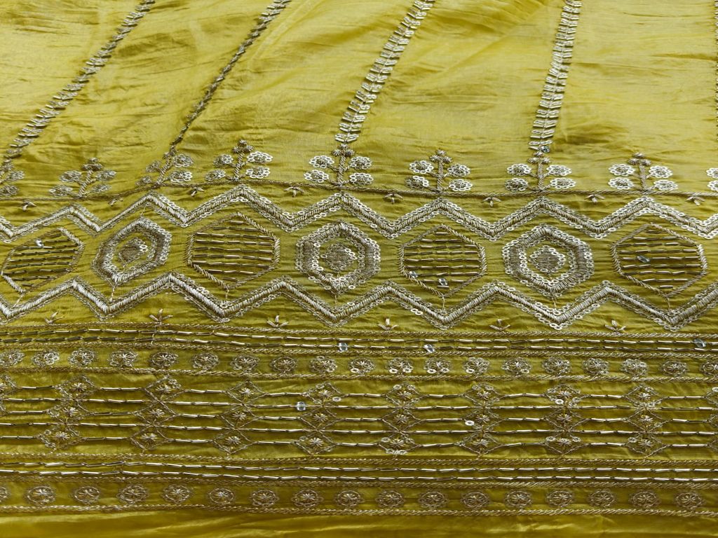 Beads & Sequins Embroidered Lemon Yellow Tissue Fabric