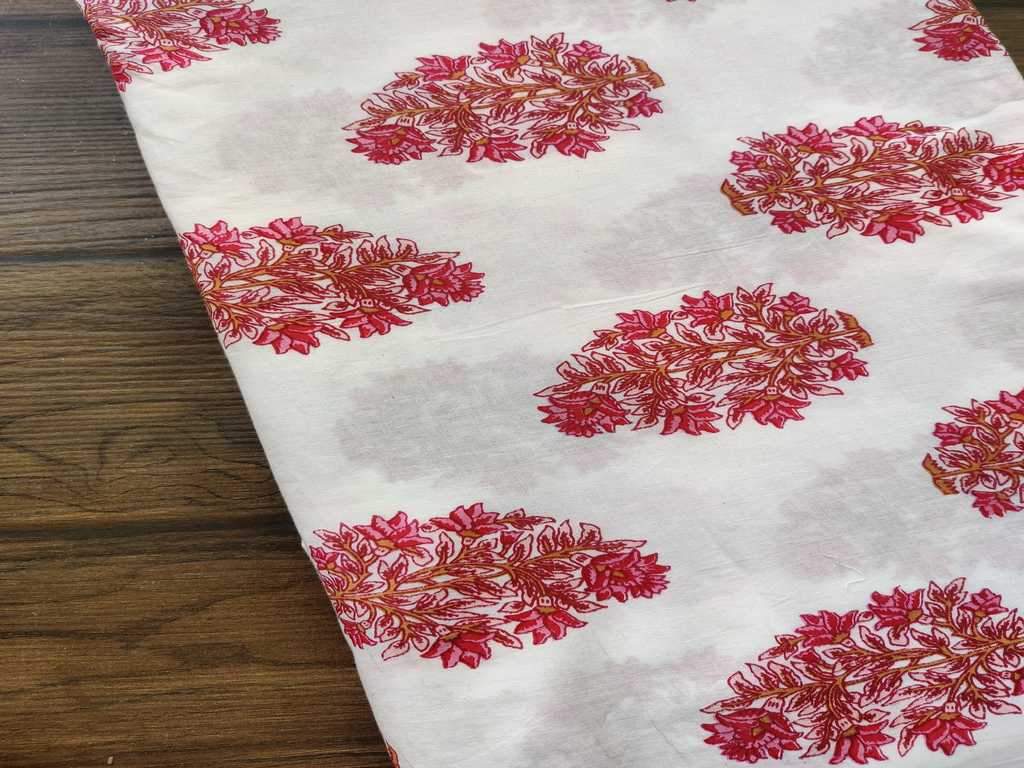 White Pink Block Printed Flowers Cotton Fabric