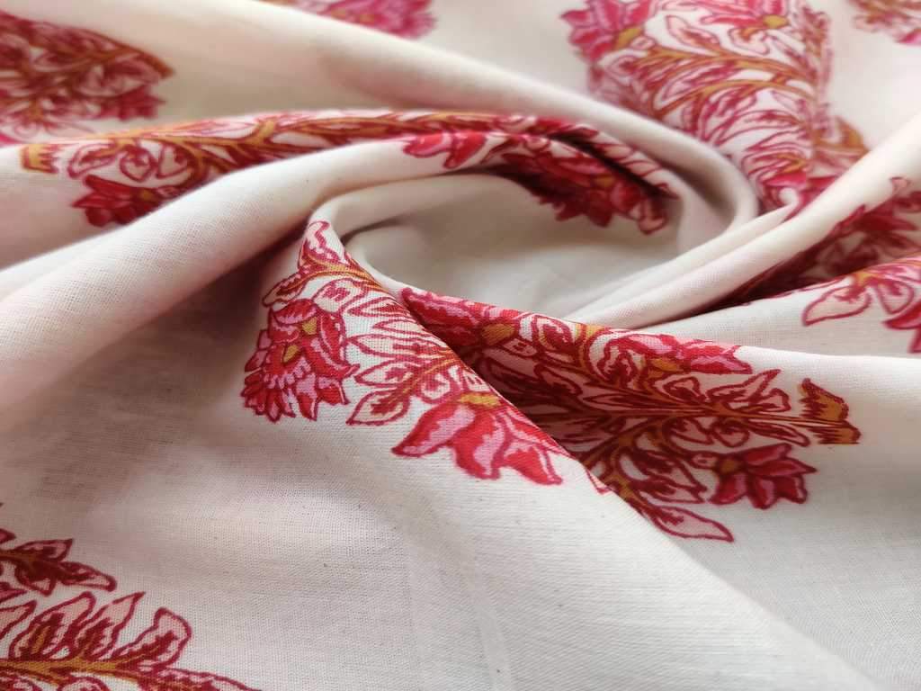 White Pink Block Printed Flowers Cotton Fabric