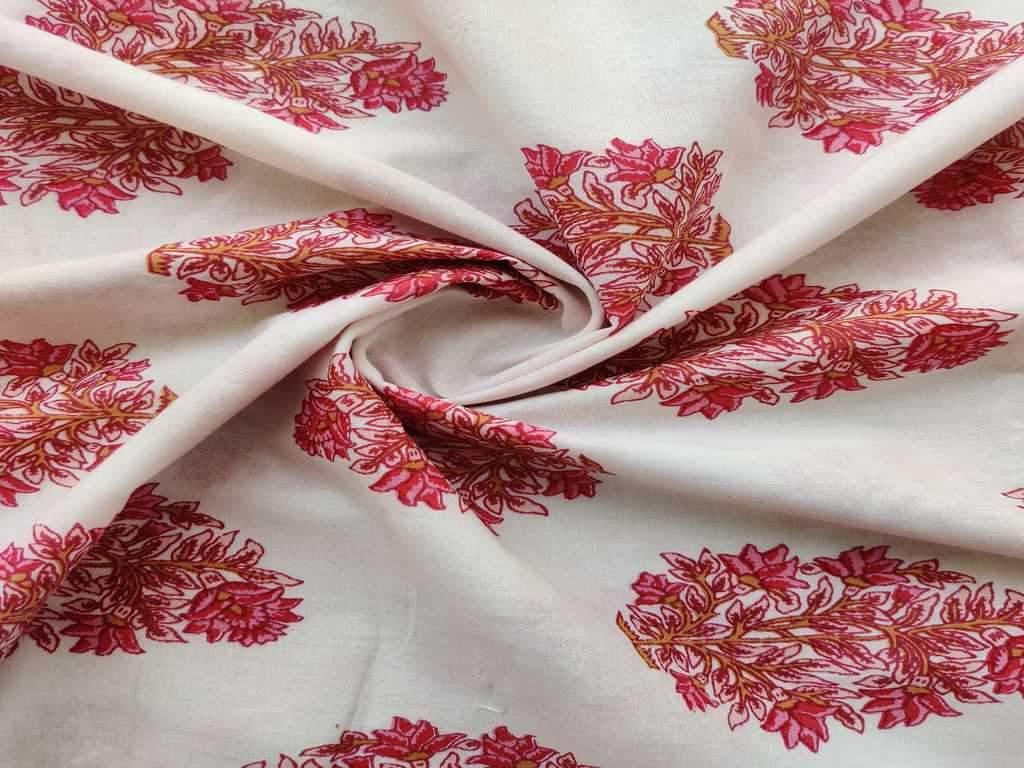 White Pink Block Printed Flowers Cotton Fabric