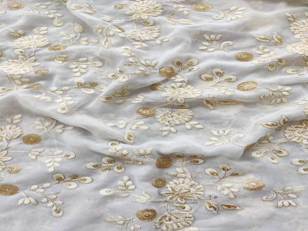 White Golden Floral Sequins Lakhnawi Embroidered Pure Georgette Fabric