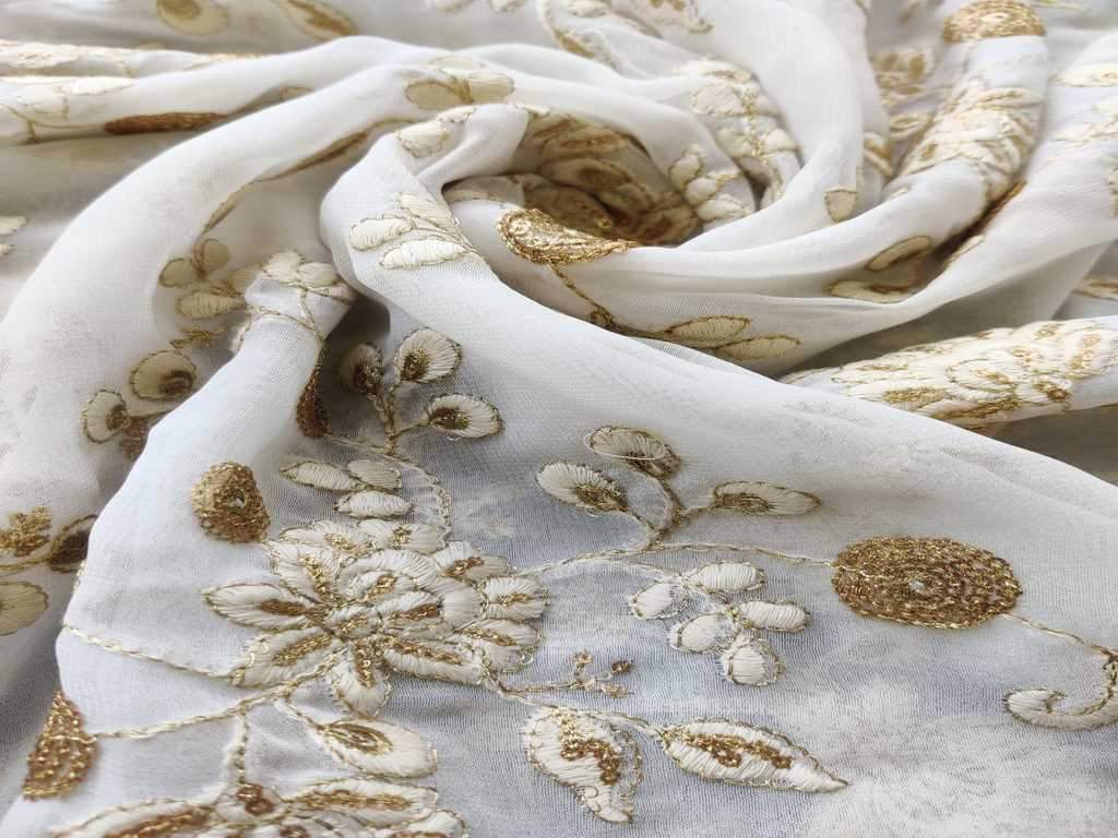White Golden Floral Sequins Lakhnawi Embroidered Pure Georgette Fabric