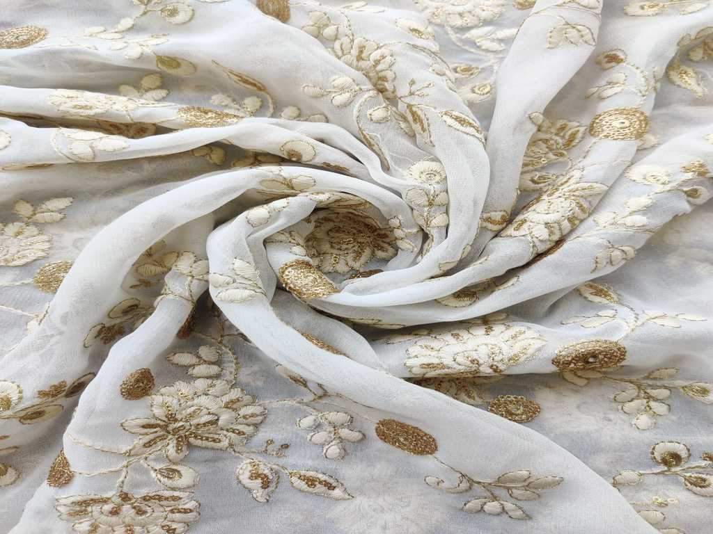 White Golden Floral Sequins Lakhnawi Embroidered Pure Georgette Fabric