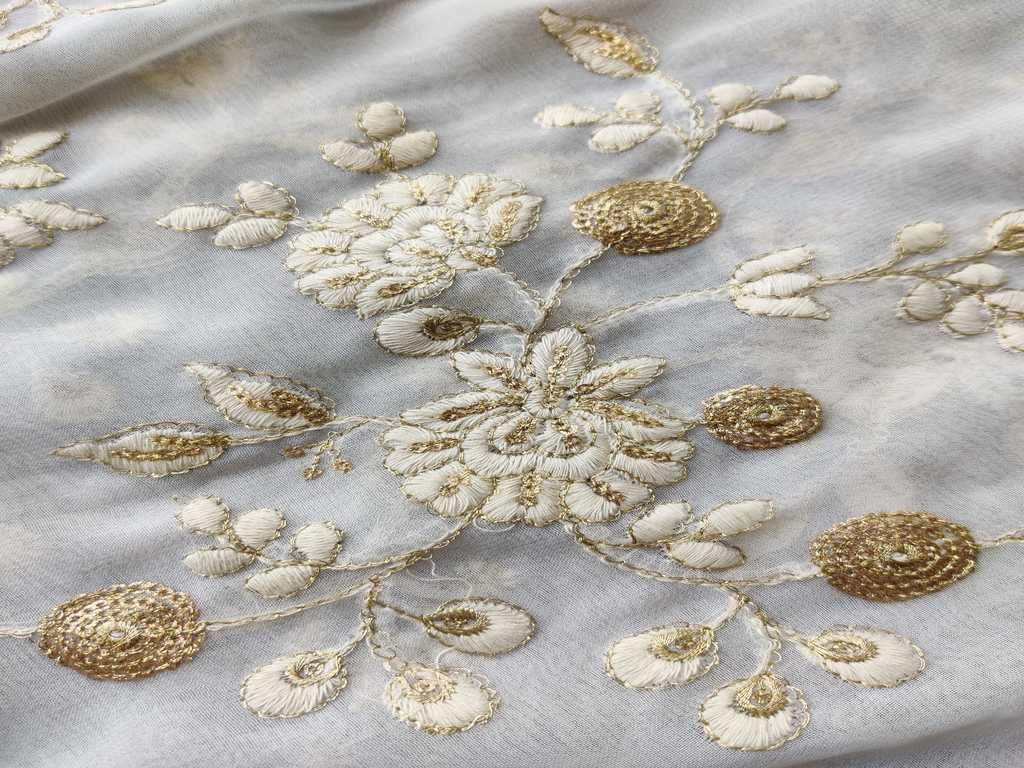 White Golden Floral Sequins Lakhnawi Embroidered Pure Georgette Fabric