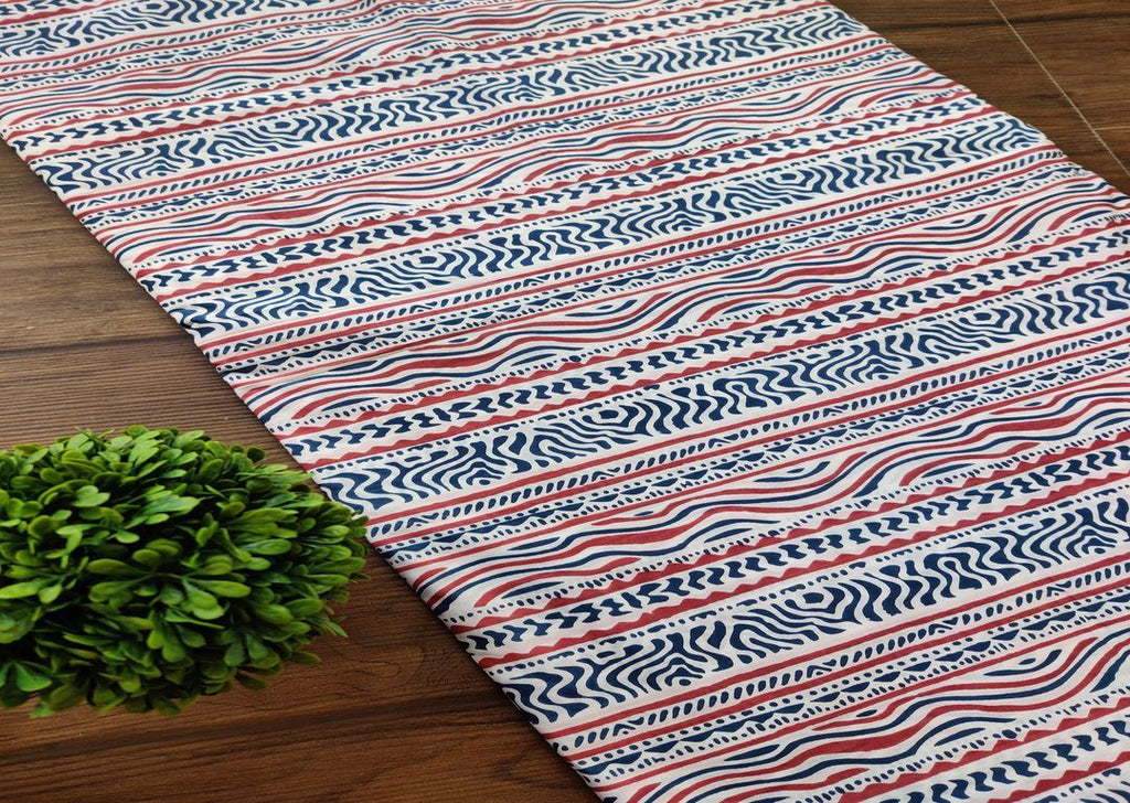 White Indigo Blue Red Abstract Printed Cotton Fabric