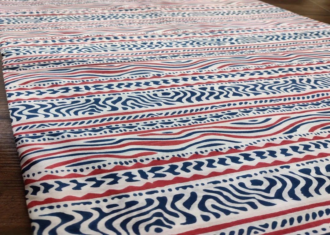 White Indigo Blue Red Abstract Printed Cotton Fabric