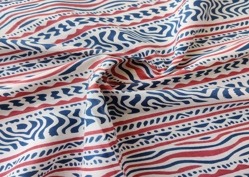 White Indigo Blue Red Abstract Printed Cotton Fabric