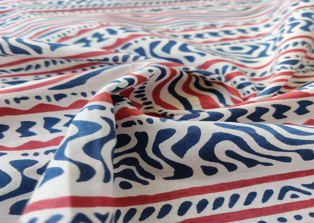 White Indigo Blue Red Abstract Printed Cotton Fabric