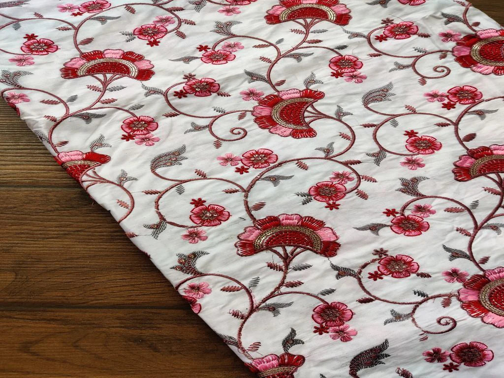 White Maroon Flowers Heavy Embroidered Cotton Fabric