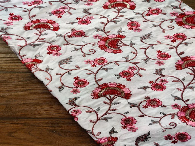 White Maroon Flowers Heavy Embroidered Cotton Fabric