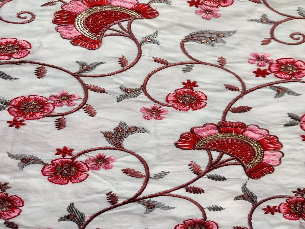 White Maroon Flowers Heavy Embroidered Cotton Fabric