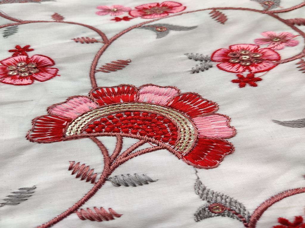 White Maroon Flowers Heavy Embroidered Cotton Fabric