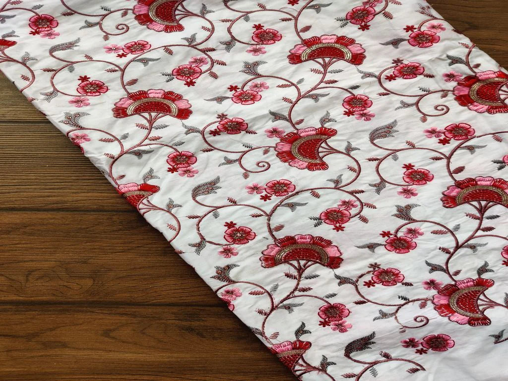 White Maroon Flowers Heavy Embroidered Cotton Fabric