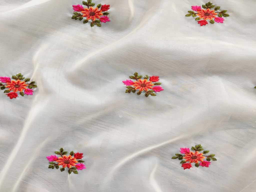 White Multicolour Floral Embroidered Organza Fabric