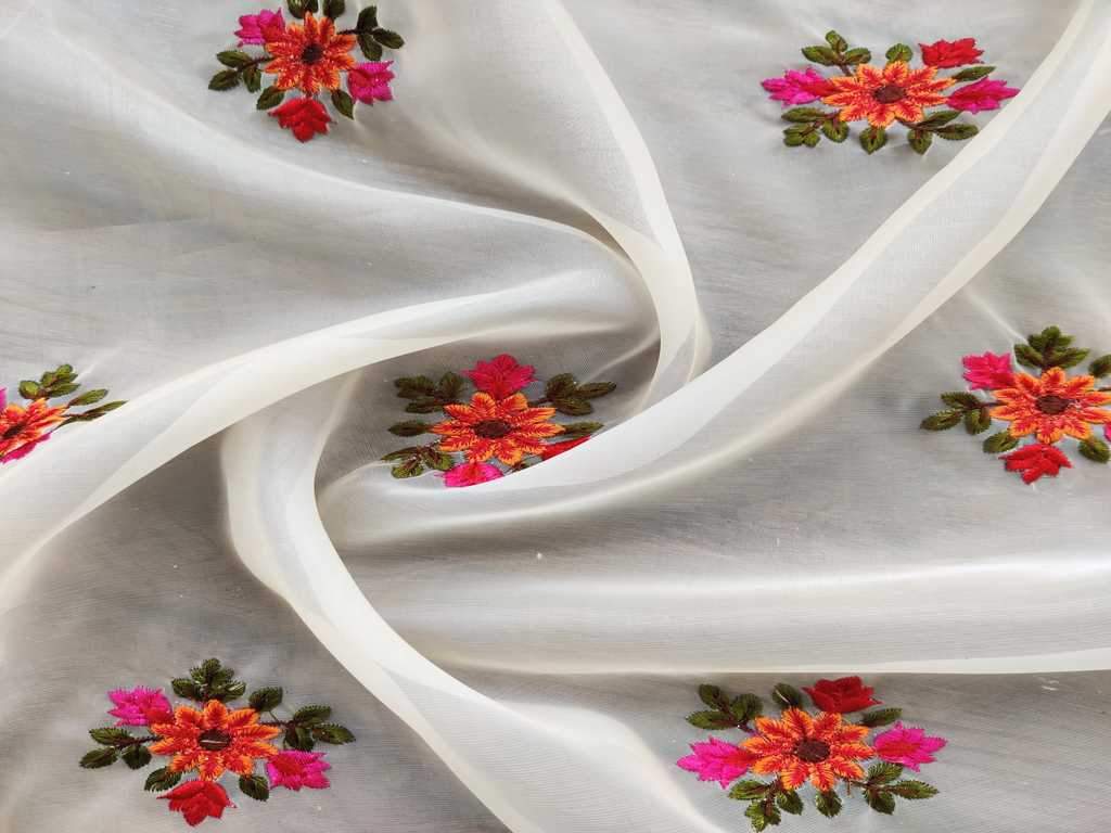 White Multicolour Floral Embroidered Organza Fabric
