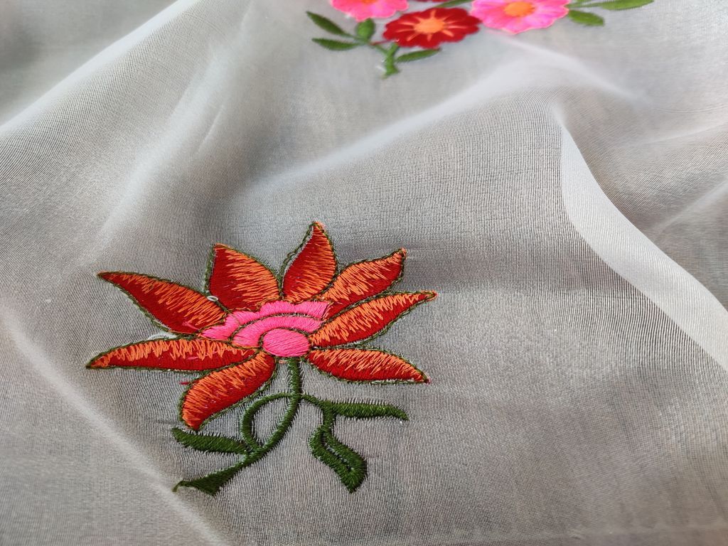 White Multicolour Flowers Embroidered Organza Fabric